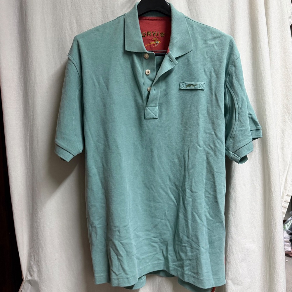Orvis Mens Cotton Fly Fishing Polo Shirt Seafoam Green Short Sleeve Large